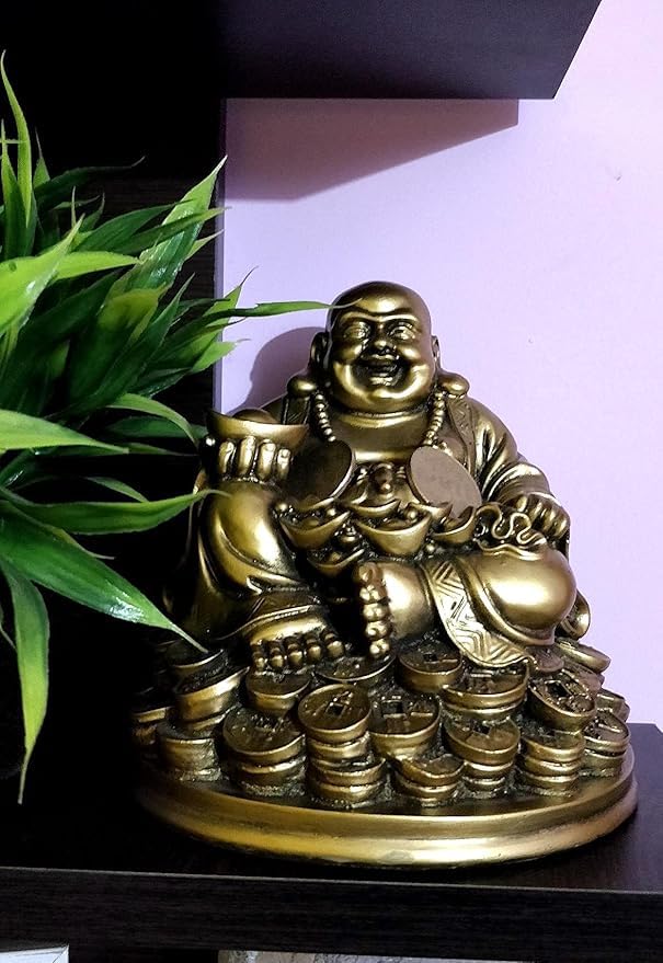 VIBHSA Resin Fengshui Figurine Laughing Buddha Sitting on Luck Money Coins Carrying Golden Ingot for Good Luck & Happiness – Made in India