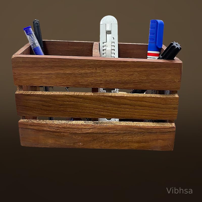 VIBHSA Wooden Desk Organizer Pen Stand with 3 Compartments