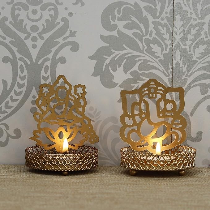 VIBHSA Set of 2 Golden Metal Lord Ganesha and Goddess Lakshmi Shadow Tea Light Holders - Ideal for Festive Home Decor and Sacred Gifts for Family and Friends - Perfect for Diwali
