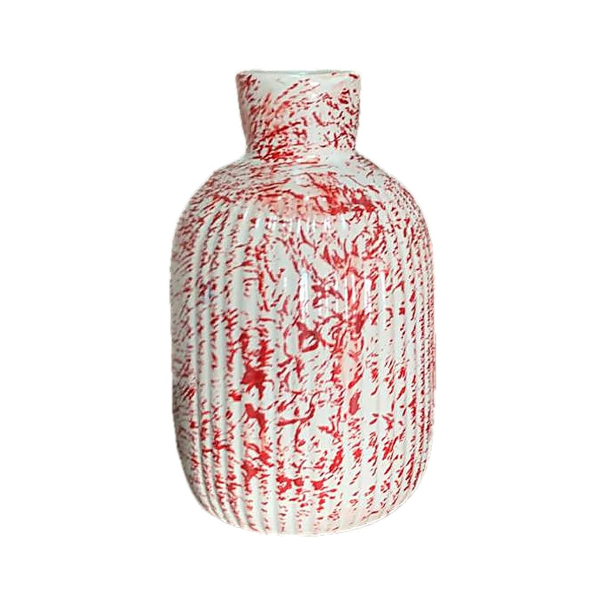 VIBHSA Ceramic Flower Vase, Red and White, Textured Ribbed Design, Modern Tabletop Showpiece for Living Room