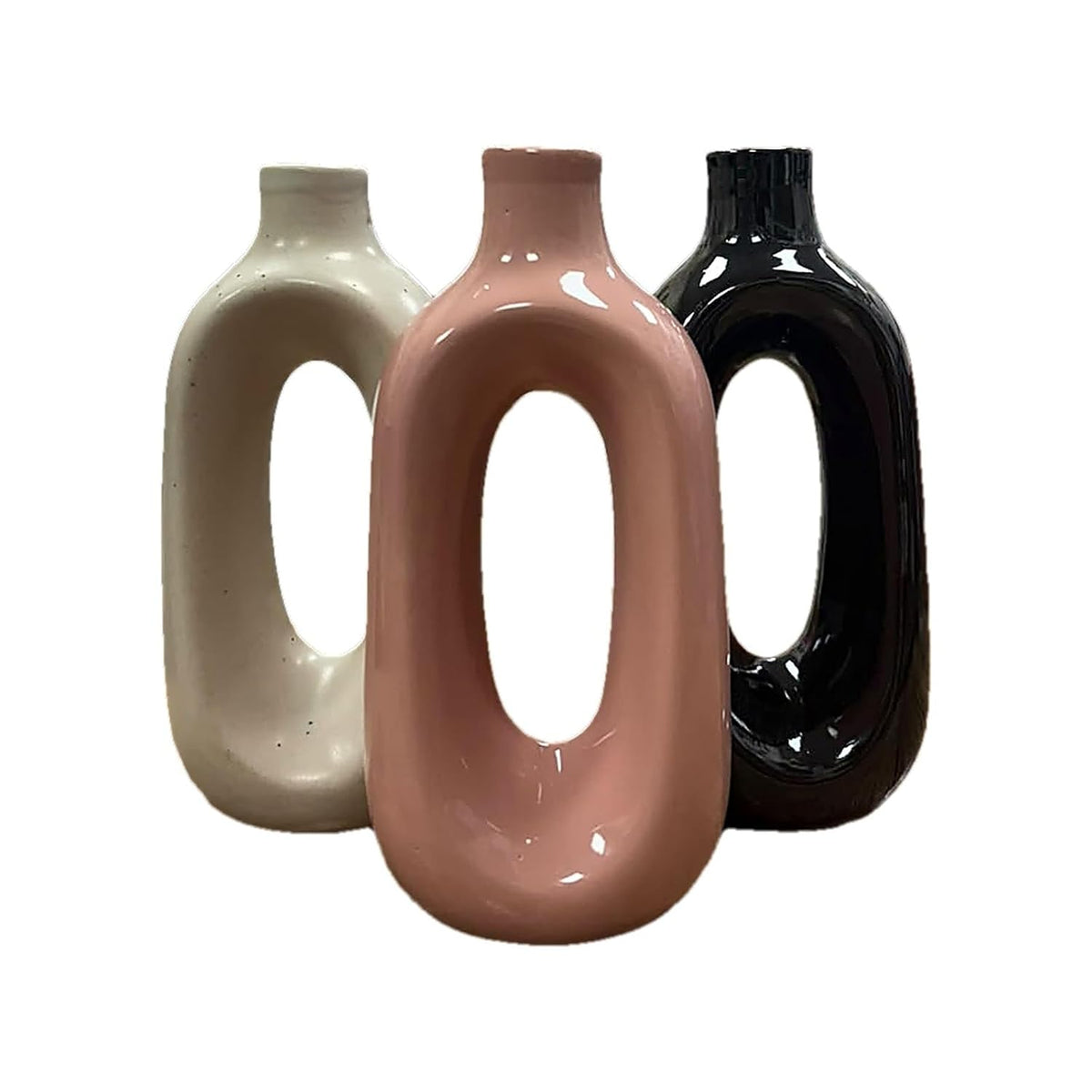 VIBHSA Modern Ceramic Hollow Vase Set of 3 – White, Pink & Black