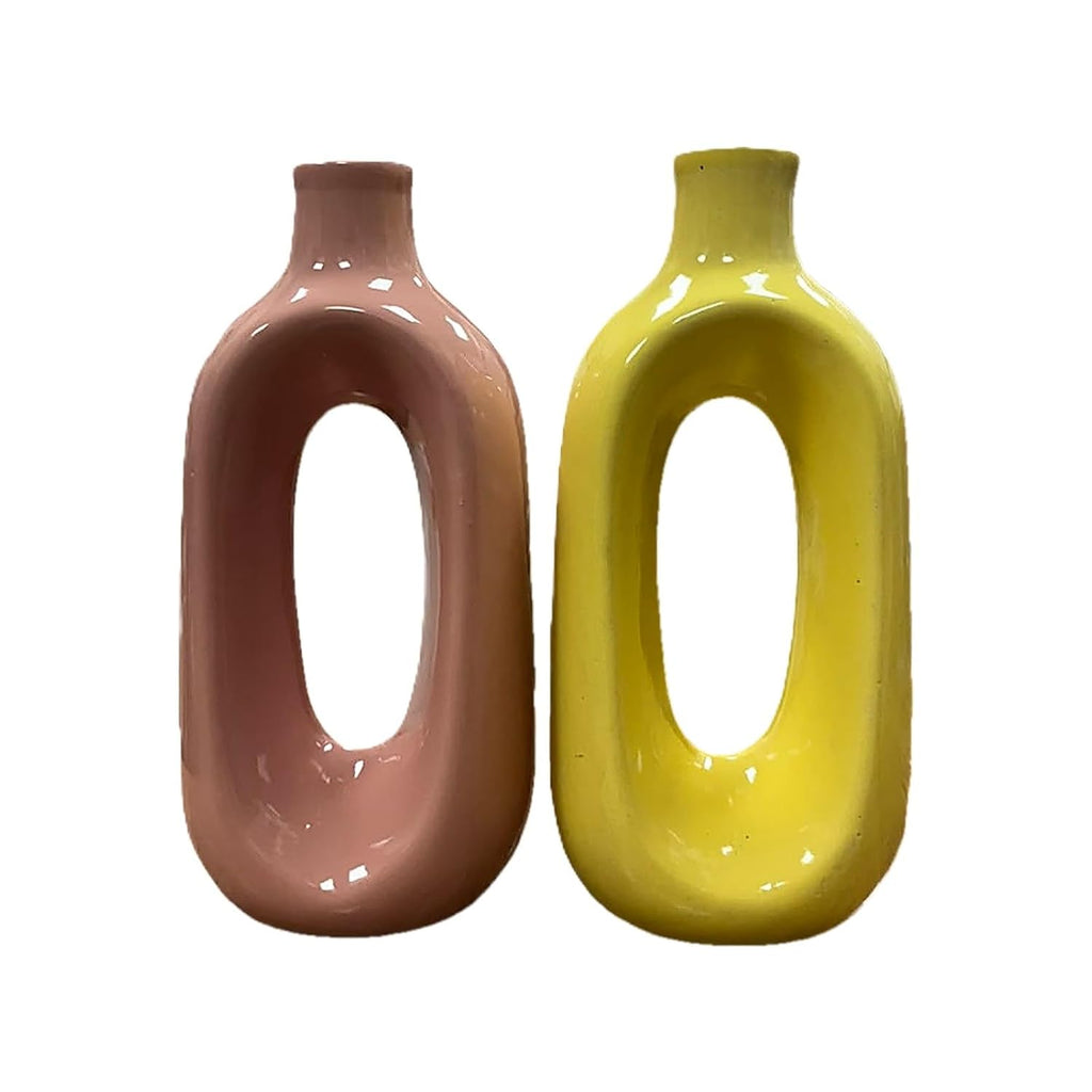 VIBHSA Modern Ceramic Hollow Vase Set of 2 – Pink & Yellow