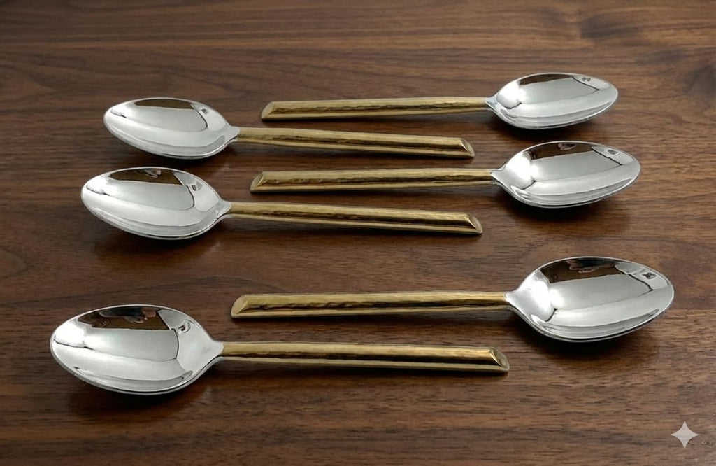 VIBHSA Stainless Steel Hammered Golden Cut Spoons Set of 6