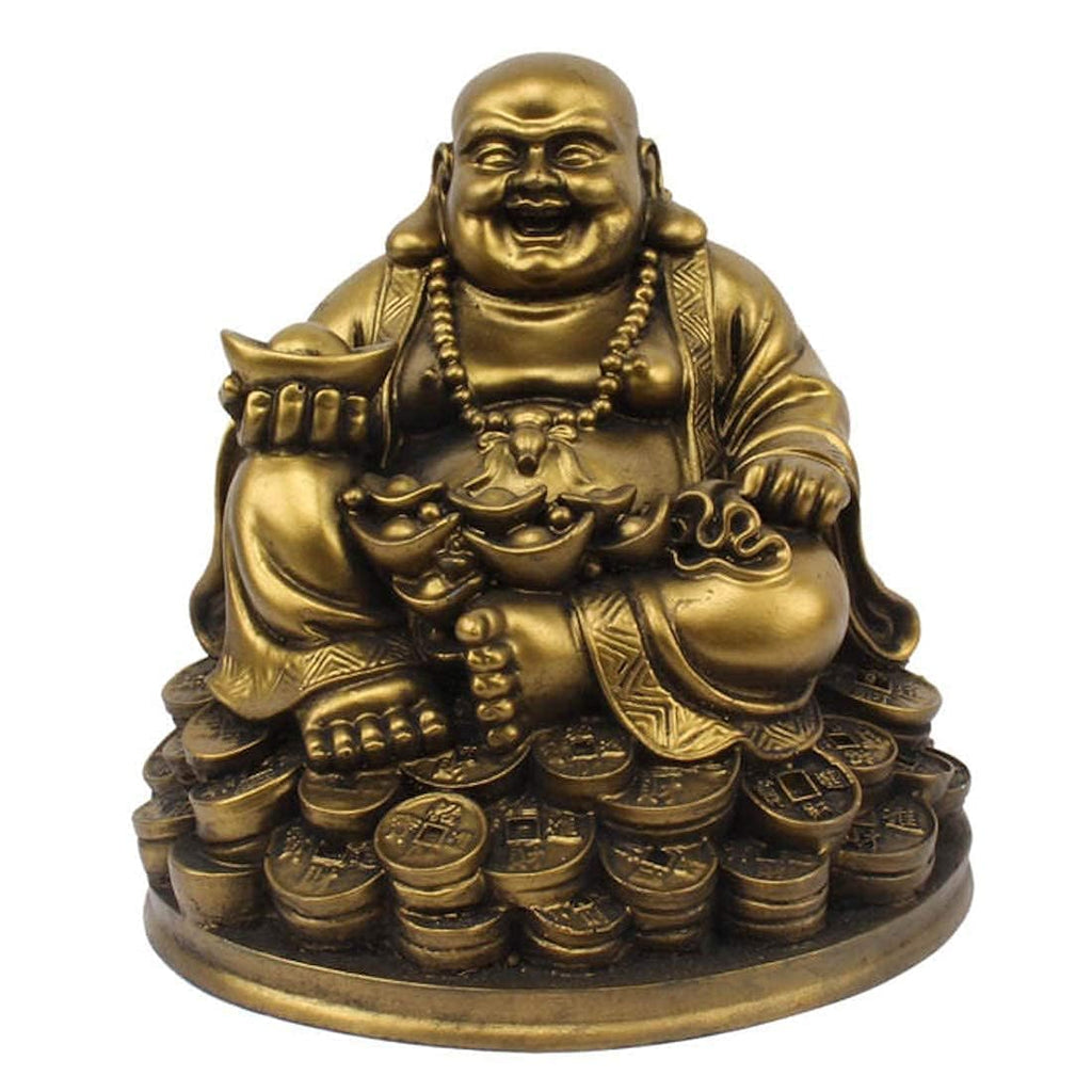 VIBHSA Resin Fengshui Figurine Laughing Buddha Sitting on Luck Money Coins Carrying Golden Ingot for Good Luck & Happiness – Made in India
