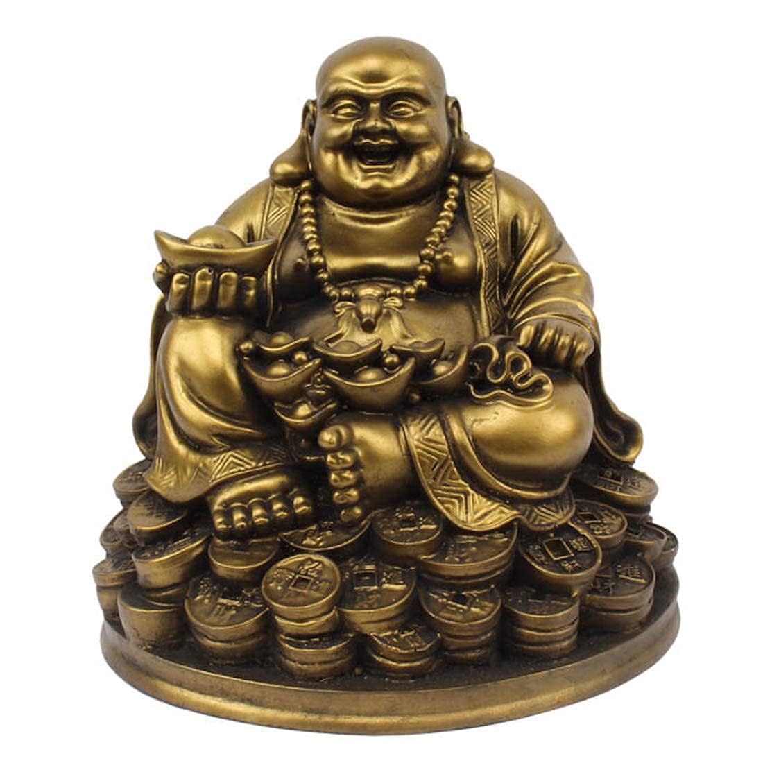 VIBHSA Resin Fengshui Figurine Laughing Buddha Sitting on Luck Money Coins Carrying Golden Ingot for Good Luck & Happiness – Made in India