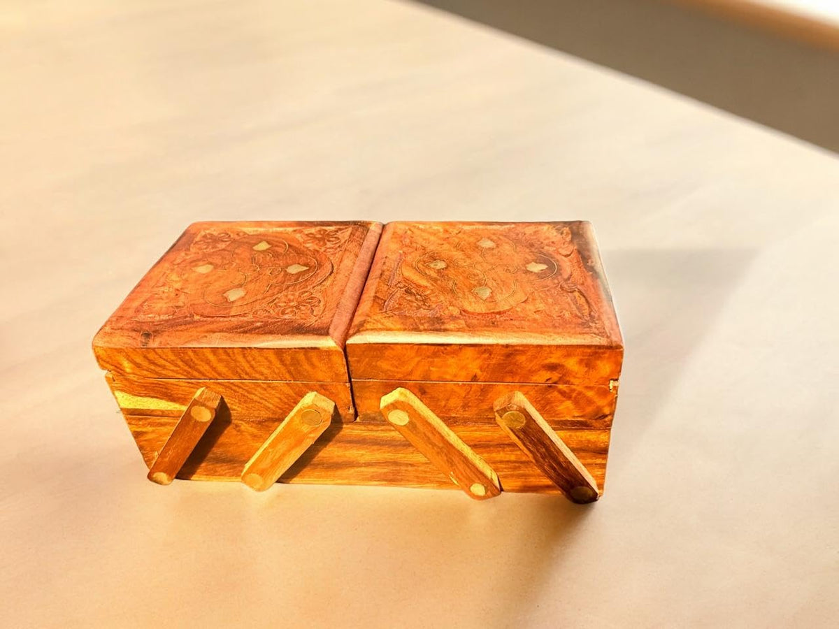 VIBHSA Handmade Wooden Jewellery Box for Women Jewel Organizer Hand Carved with Full Brass Gift Items
