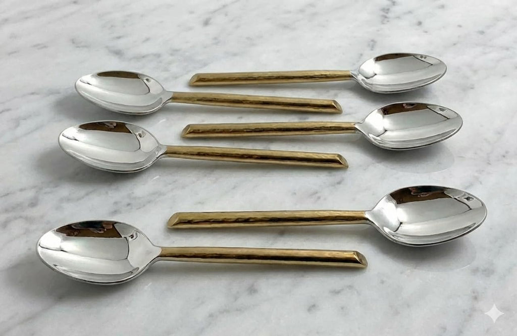 VIBHSA Stainless Steel Hammered Golden Cut Spoons Set of 6