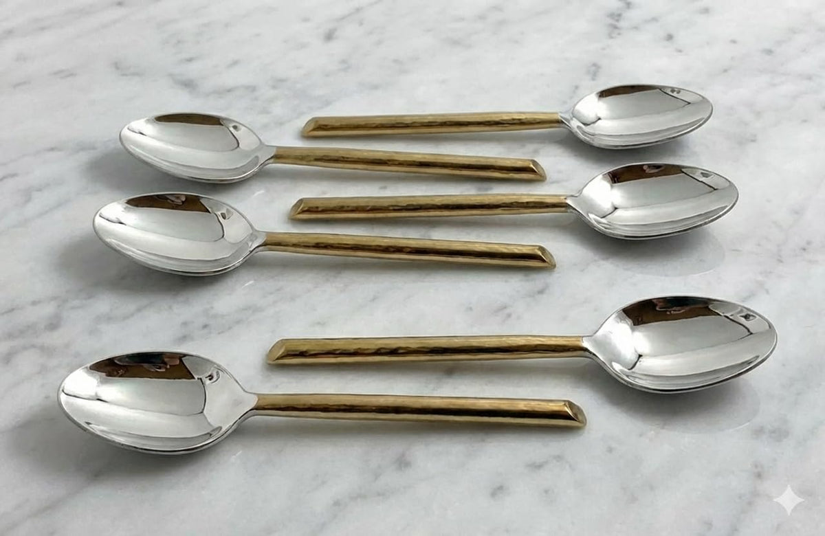 VIBHSA Stainless Steel Hammered Golden Cut Spoons Set of 6