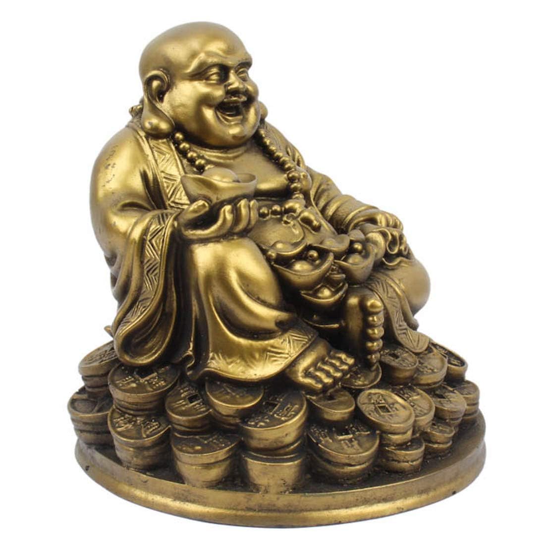 VIBHSA Resin Fengshui Figurine Laughing Buddha Sitting on Luck Money Coins Carrying Golden Ingot for Good Luck & Happiness – Made in India