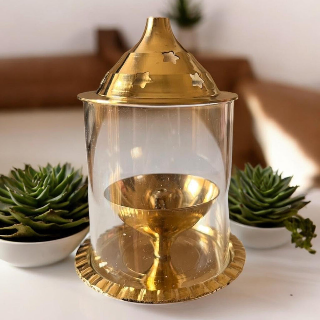 VIBHSA Brass Akhand Diya with Glass Cover for Pooja/Puja