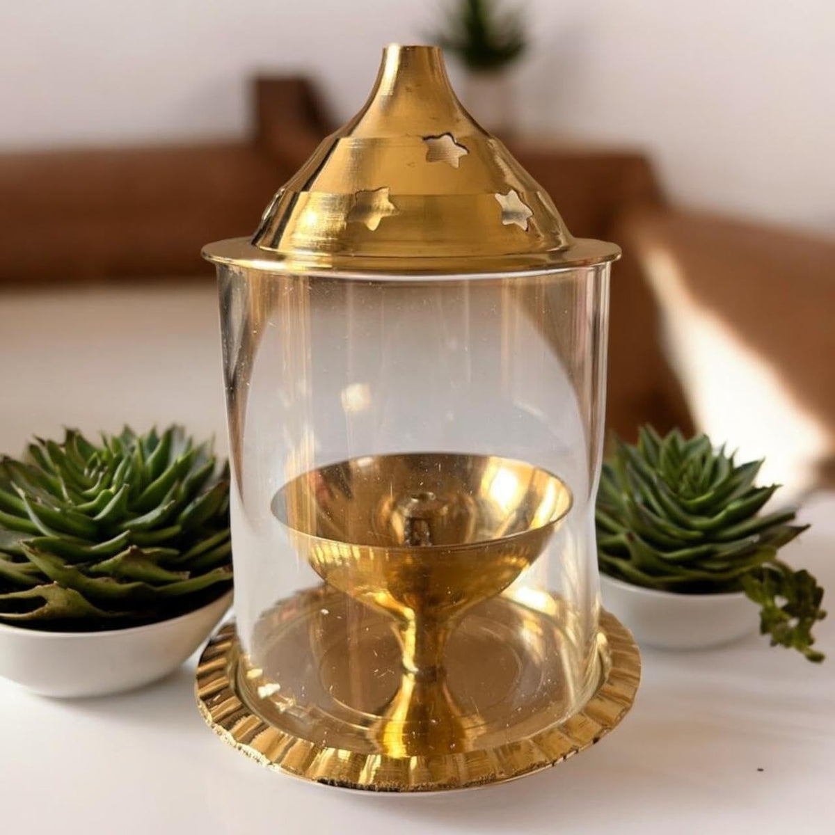 VIBHSA Brass Akhand Diya with Glass Cover for Pooja/Puja