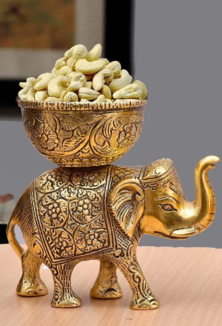 VIBHSA Metal Elephant Dry Fruit Bowl Showpiece Gold Polish for Your Home,Office Table