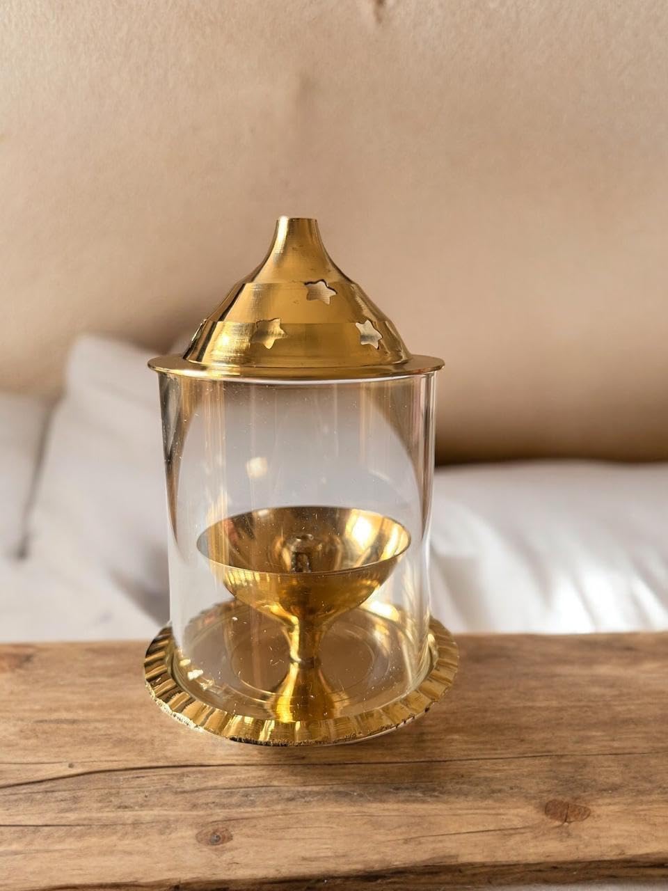 VIBHSA Brass Akhand Diya with Glass Cover for Pooja/Puja