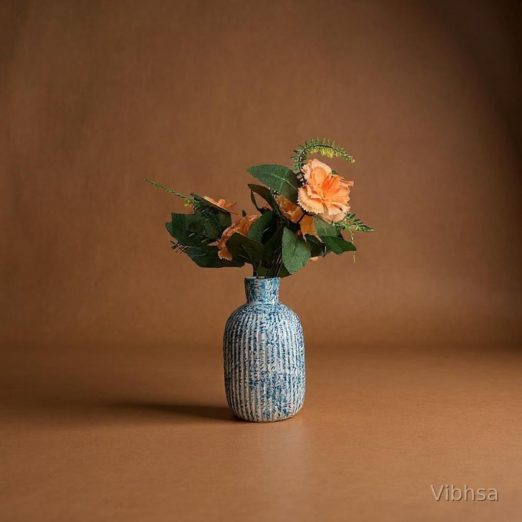 VIBHSA Decorative Ceramic Flower Vase for Home Decor, Blue White Ribbed Textured Vase