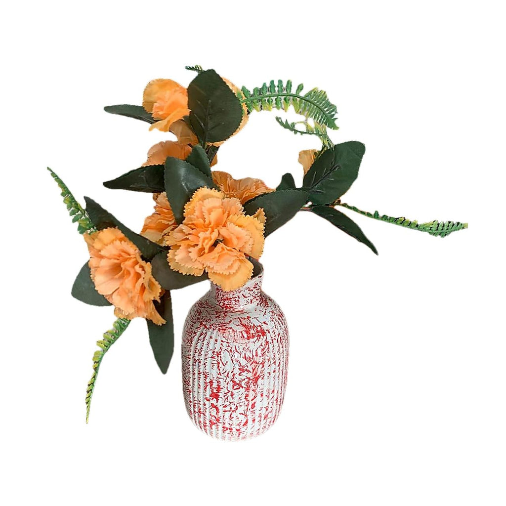 VIBHSA Ceramic Flower Vase, Red and White, Textured Ribbed Design, Modern Tabletop Showpiece for Living Room