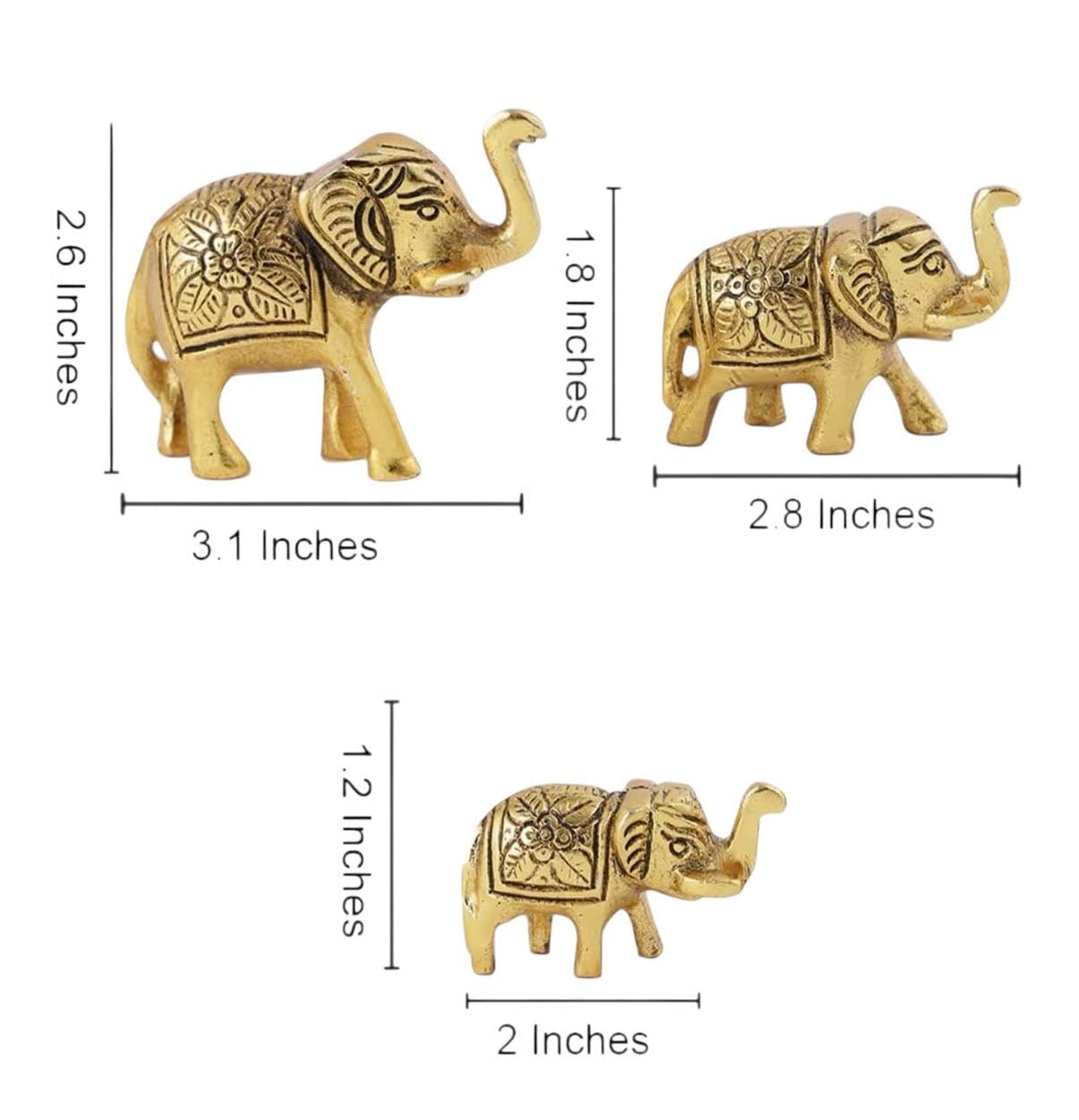 VIBHSA Set of 3 Metal Trunk Up Elephant Family Statue Showpiece Figurine -Fengshui Vastu Lucky - Decorative Items for Home Living Room Decor Living Room Office Desktop & Gifting
