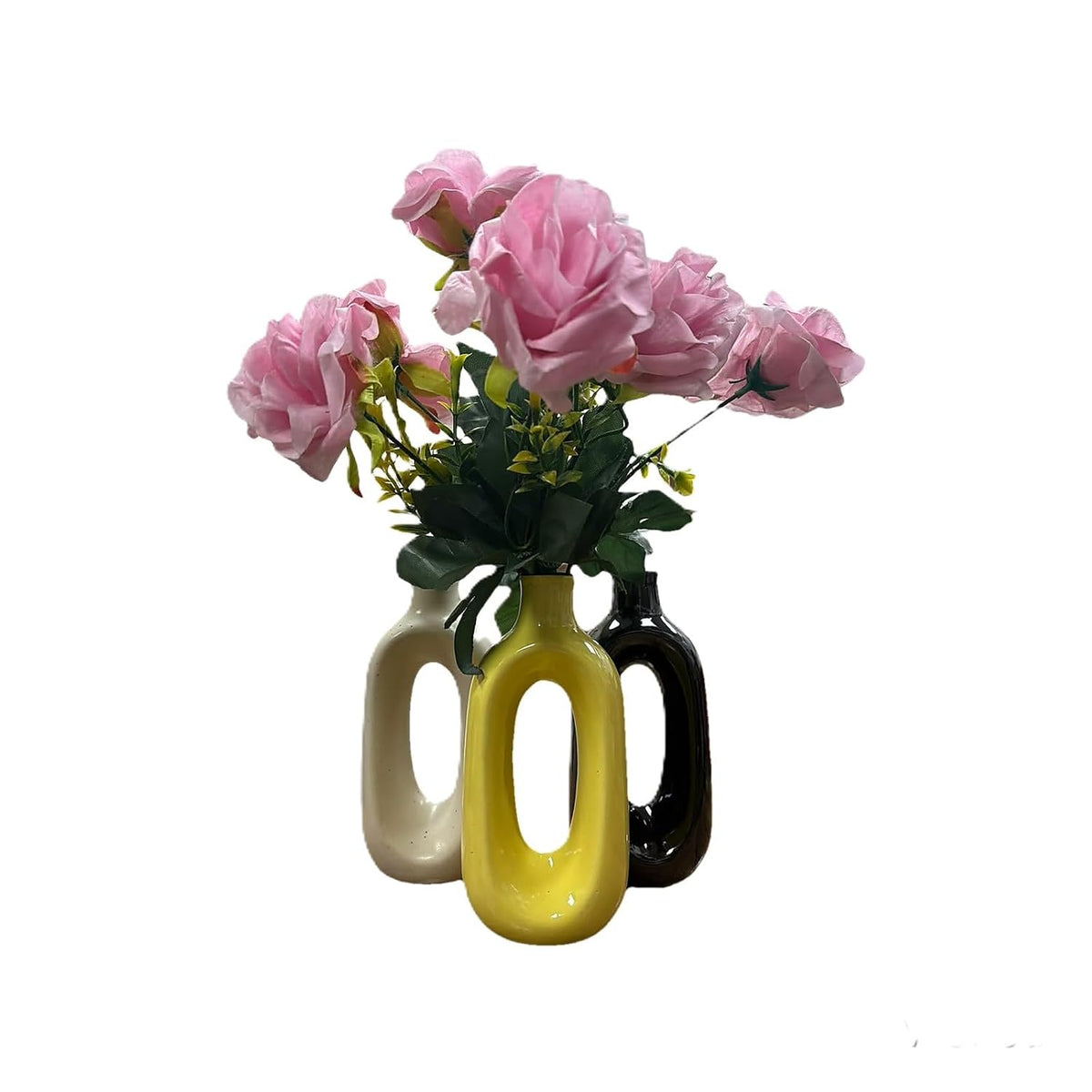 VIBHSA Modern Ceramic Hollow Vase Set of 3 – White, Yellow & Black