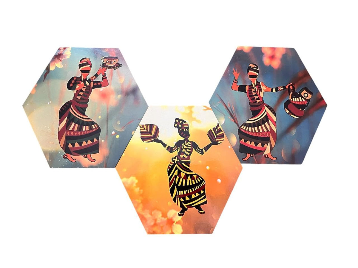 VIBHSA Set of 3 Hexagon Modern Art Dancing Wall decor 3 pieces Textured Painting
