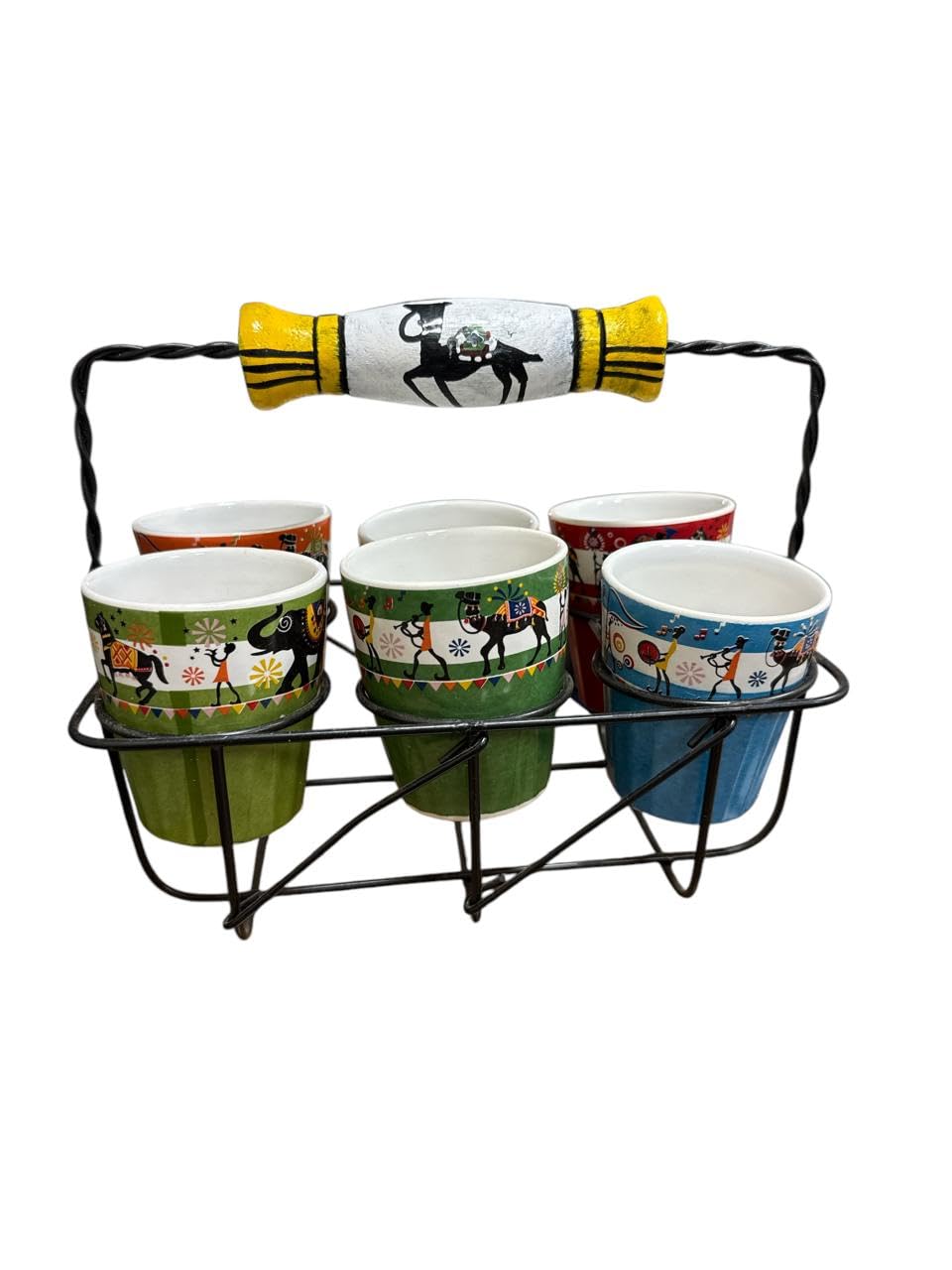 VIBHSA Handpainted Multicolour Tapri Style Ceramic Cutting Chai Glasses with Stand