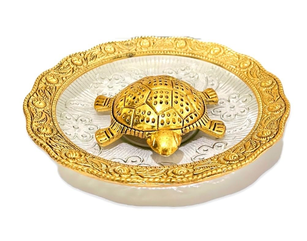 VIBHSA Metal Feng Shui Tortoise On Glass Plate Showpiece (Golden, Diameter: 5.5 Inch)