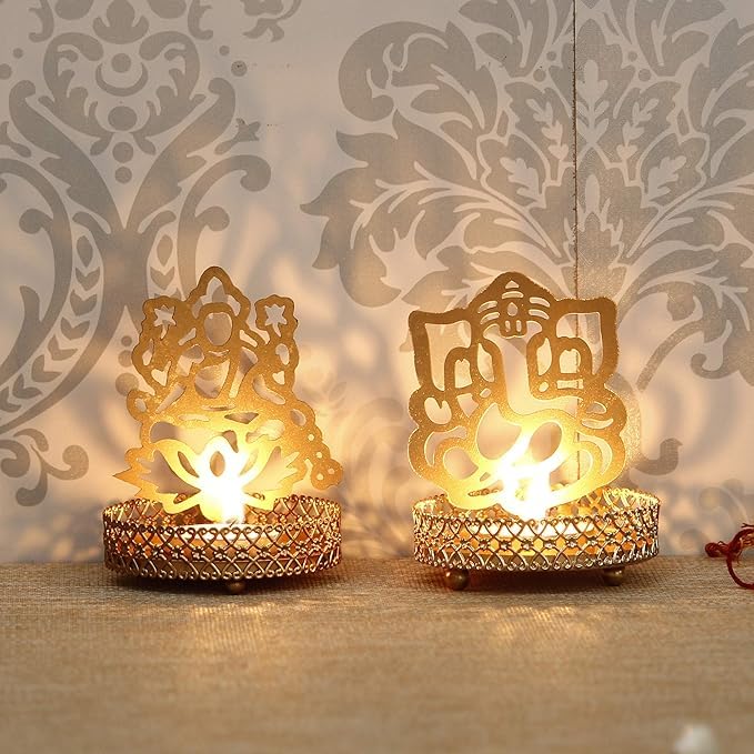 VIBHSA Set of 2 Golden Metal Lord Ganesha and Goddess Lakshmi Shadow Tea Light Holders - Ideal for Festive Home Decor and Sacred Gifts for Family and Friends - Perfect for Diwali