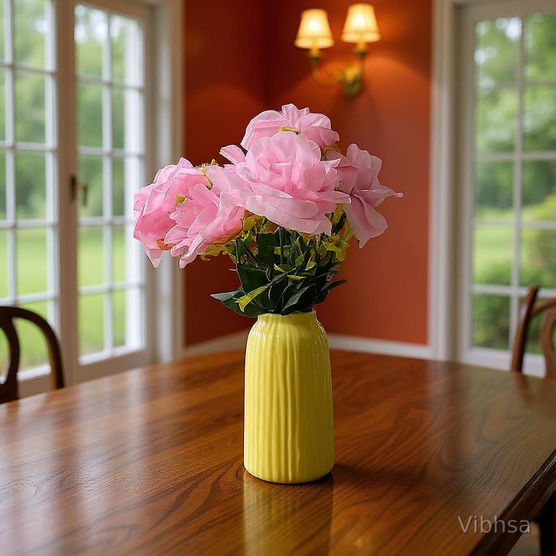 VIBHSA Yellow Ceramic Flower Vase for Home Decor, Modern Ribbed Decorative Vase