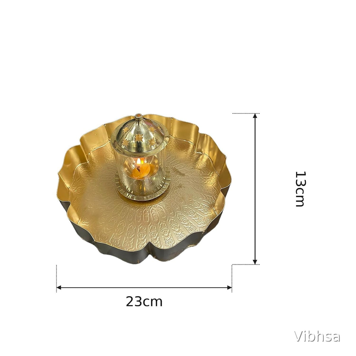 VIBHSA Brass Pooja Thali with Candle Lantern, Gold Embossed Floral Tray