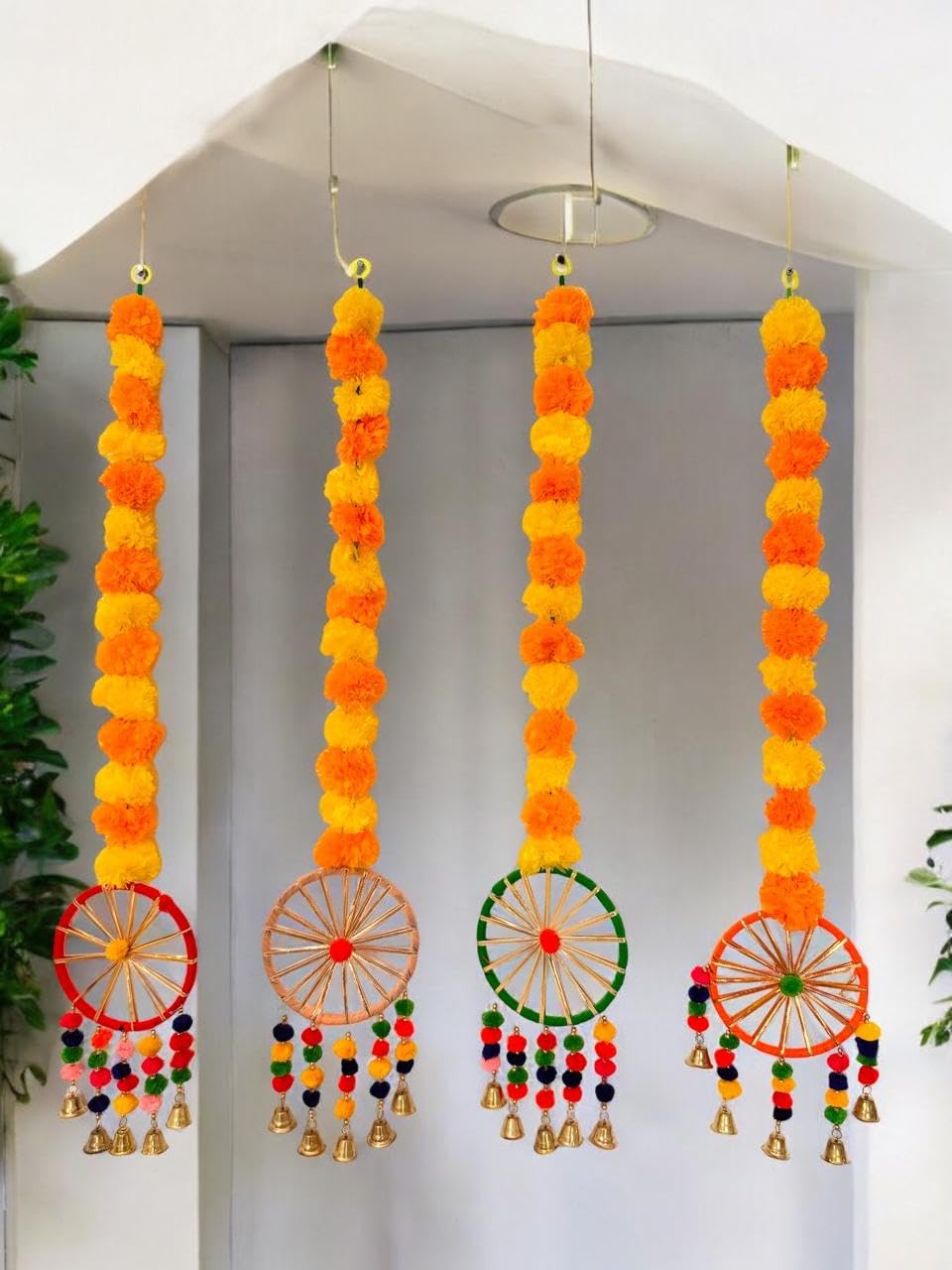 VIBHSA Set of 4 Artificial Flower Garland Decorations Wall Door Hanging Toran with Bells Rajasthani