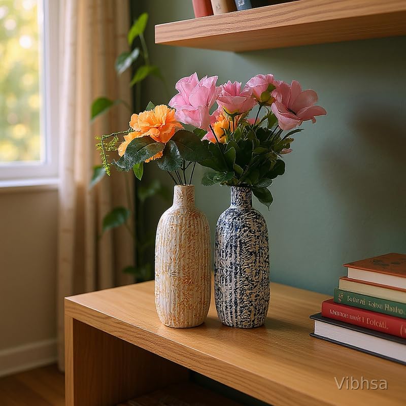 VIBHSA Modern Distressed Ribbed Ceramic Vase Set of 2