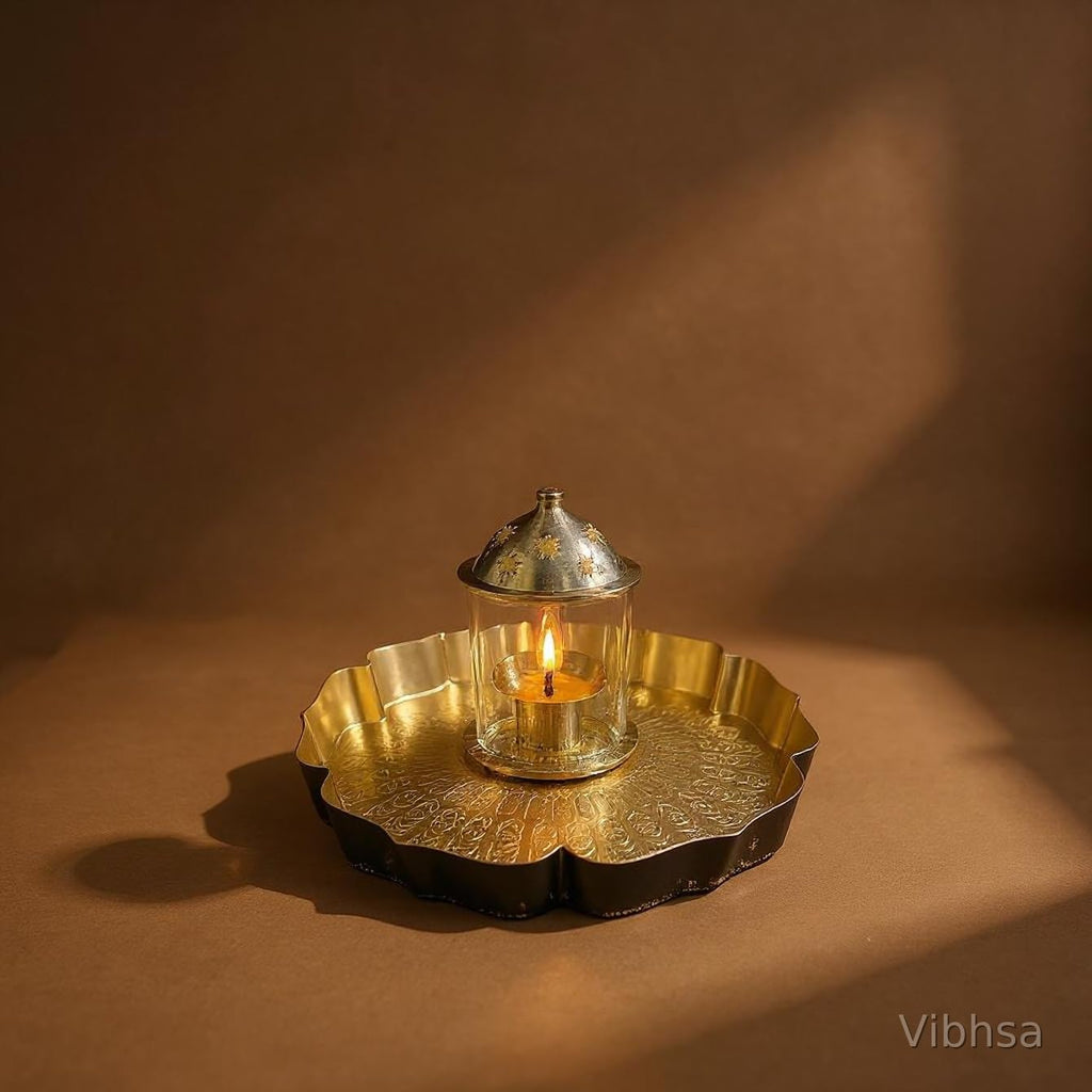 VIBHSA Brass Pooja Thali with Candle Lantern, Gold Embossed Floral Tray
