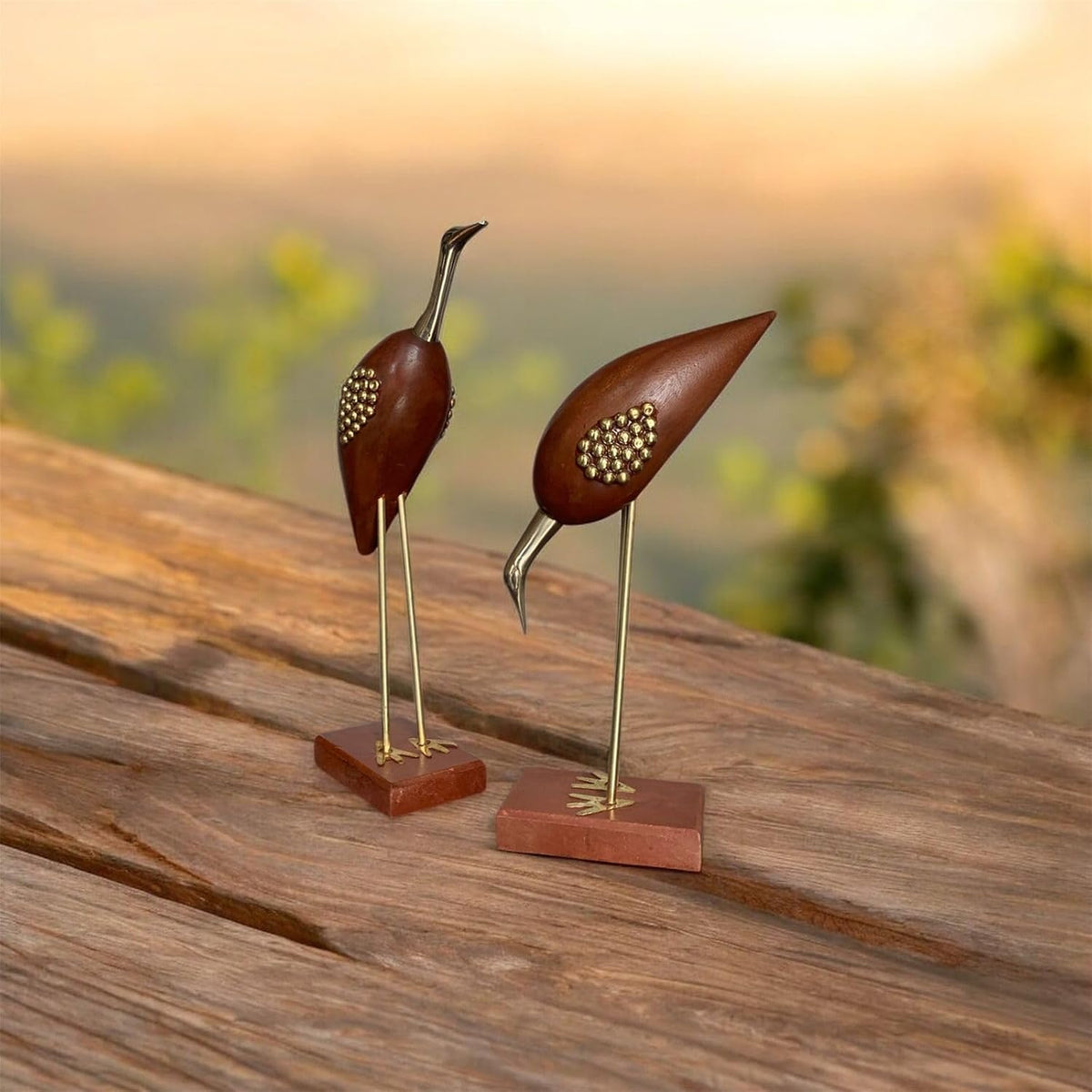 VIBHSA Wooden & Brass Saras Swan Crane Love Birds Showpiece
