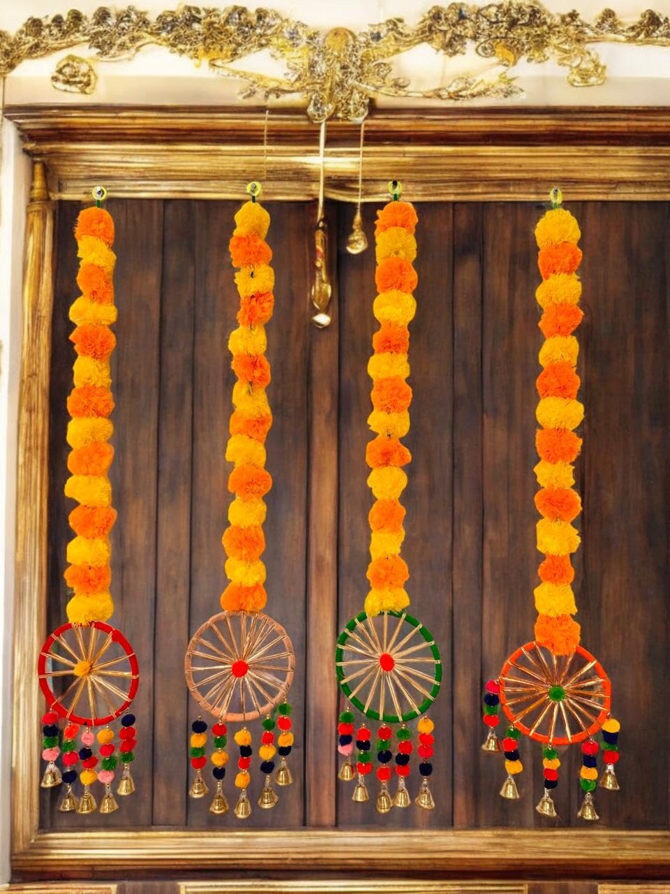 VIBHSA Set of 4 Artificial Flower Garland Decorations Wall Door Hanging Toran with Bells Rajasthani