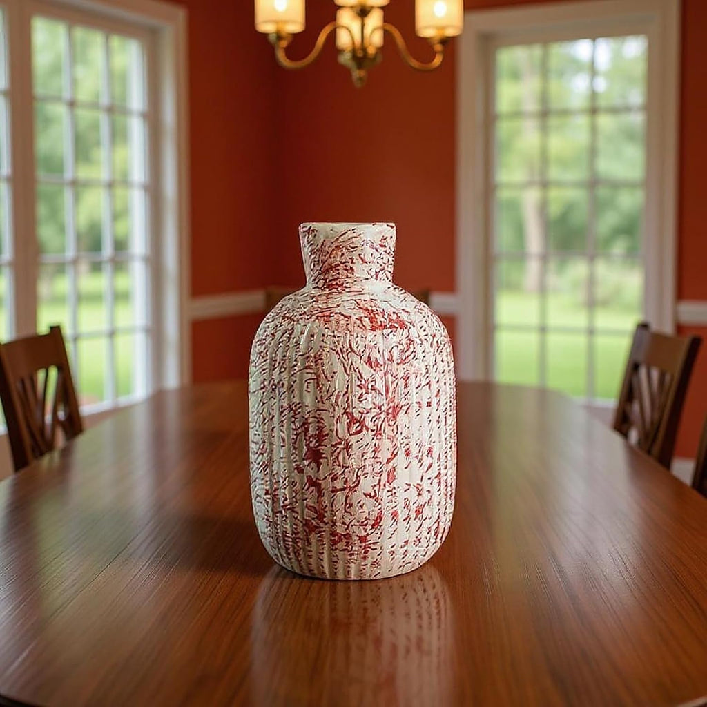 VIBHSA Ceramic Flower Vase, Red and White, Textured Ribbed Design, Modern Tabletop Showpiece for Living Room