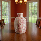 VIBHSA Ceramic Flower Vase, Red and White, Textured Ribbed Design, Modern Tabletop Showpiece for Living Room