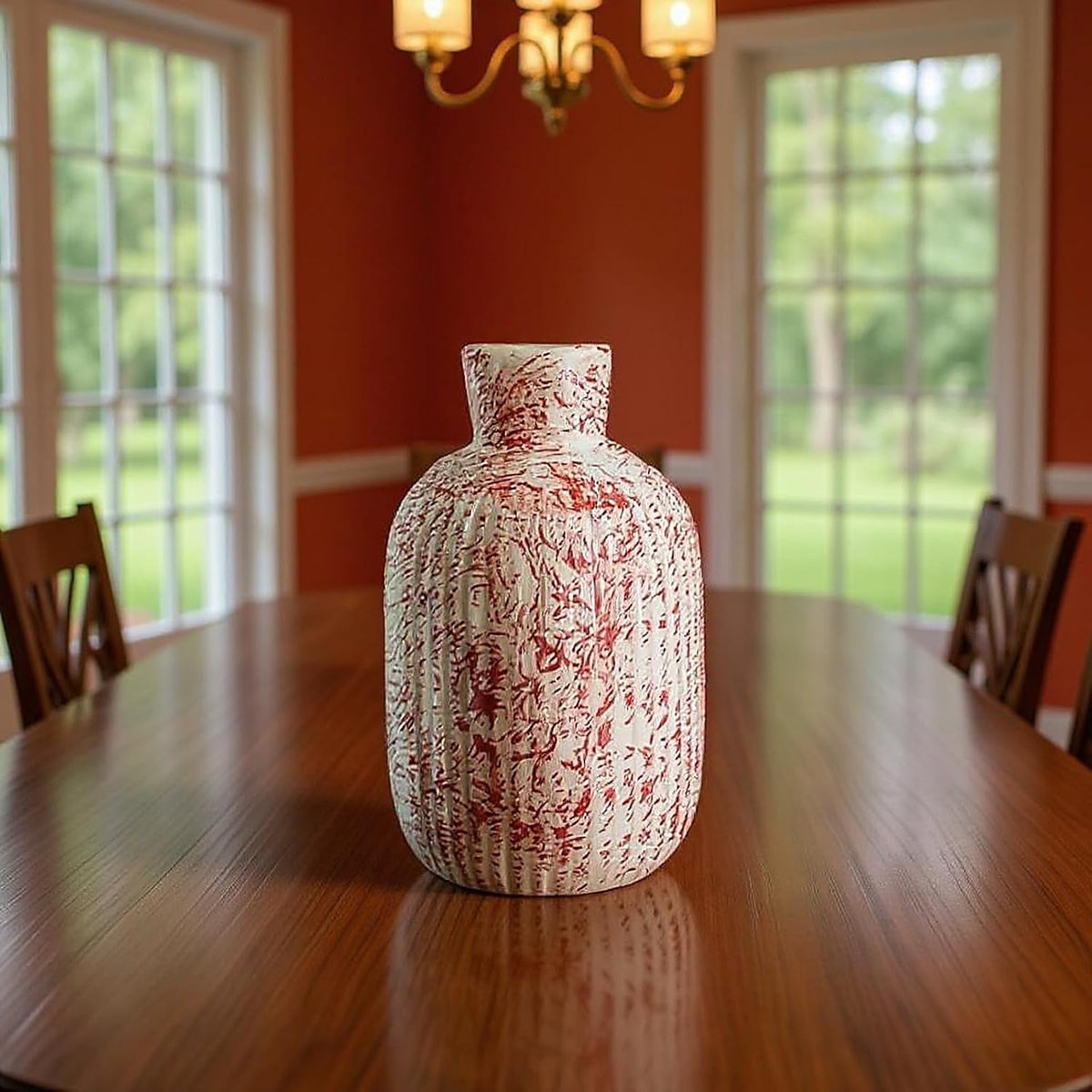 VIBHSA Ceramic Flower Vase, Red and White, Textured Ribbed Design, Modern Tabletop Showpiece for Living Room