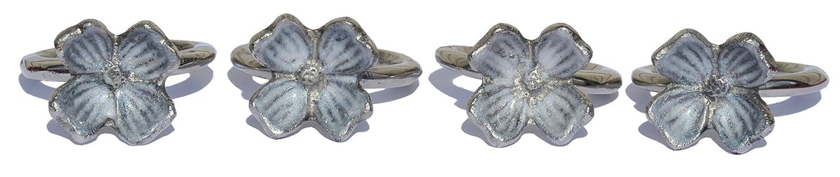 VIBHSA Handcrafted Decorative Flower Napkin Rings Set of 4. Flowers with Silver Antique Finish Decorations