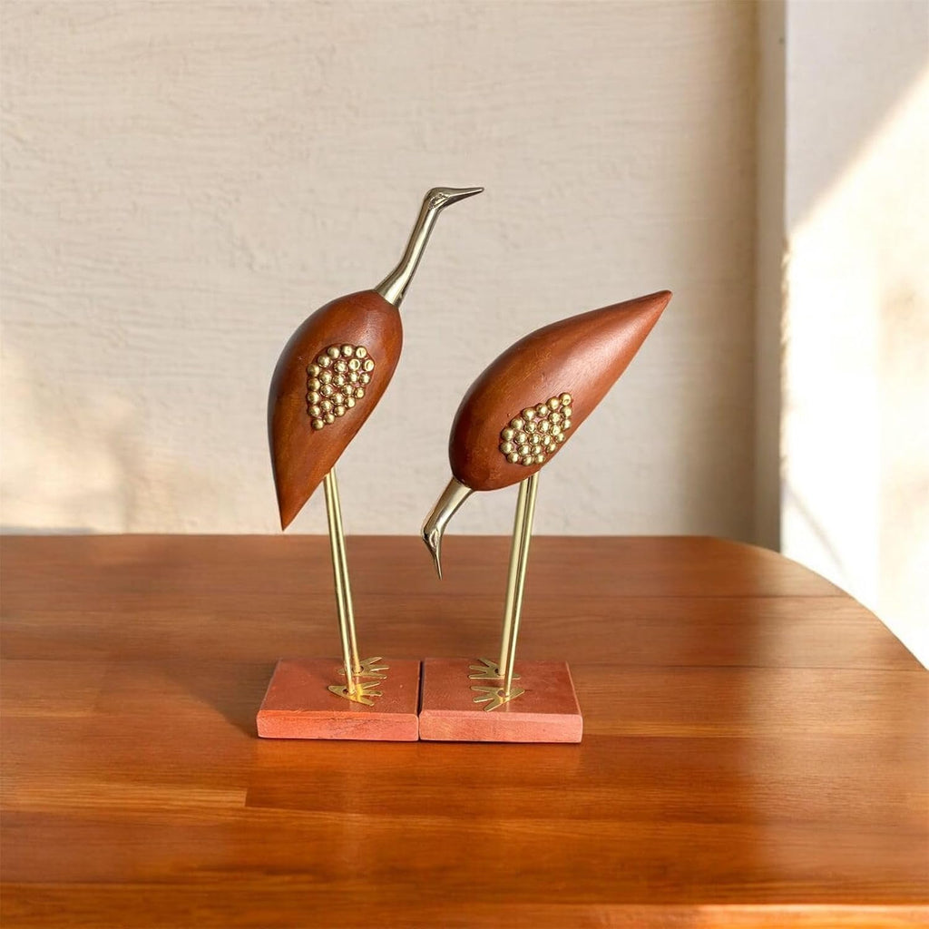VIBHSA Wooden & Brass Saras Swan Crane Love Birds Showpiece