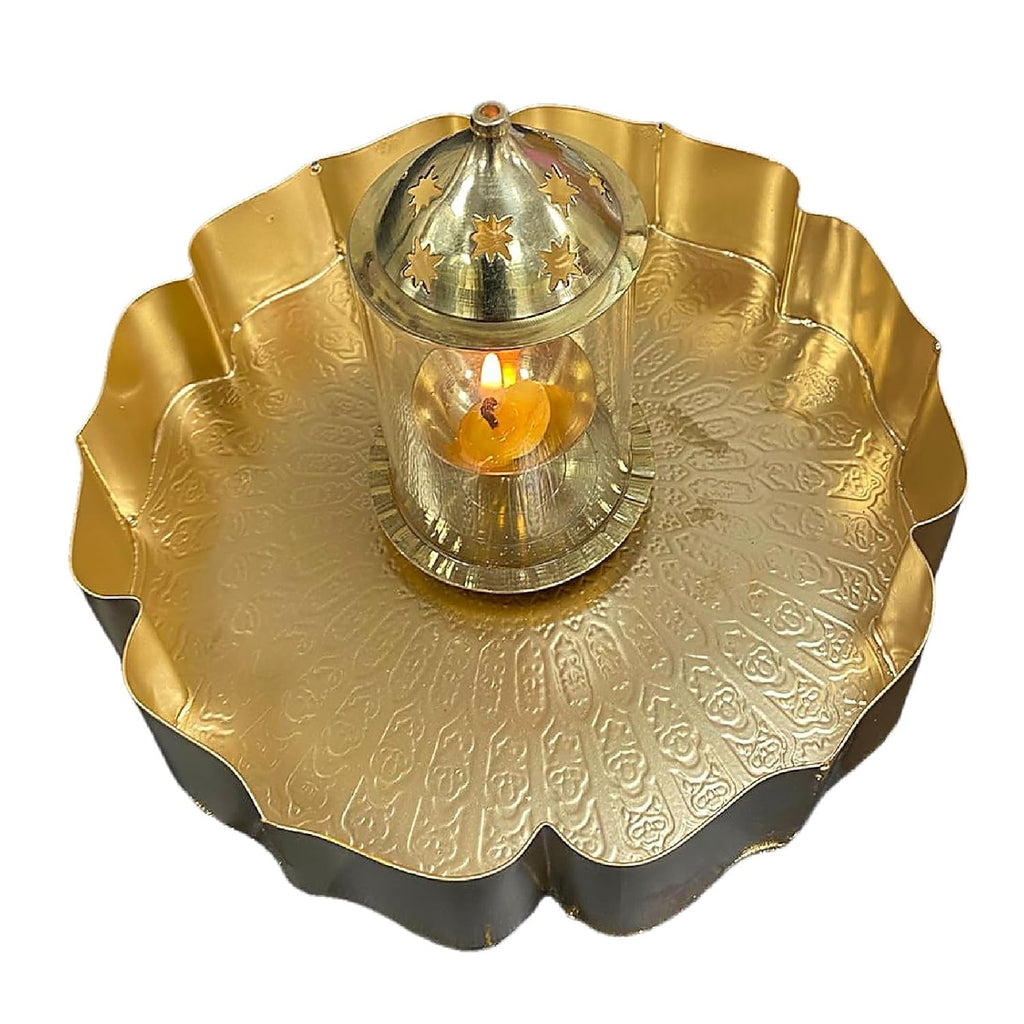 VIBHSA Brass Pooja Thali with Candle Lantern, Gold Embossed Floral Tray