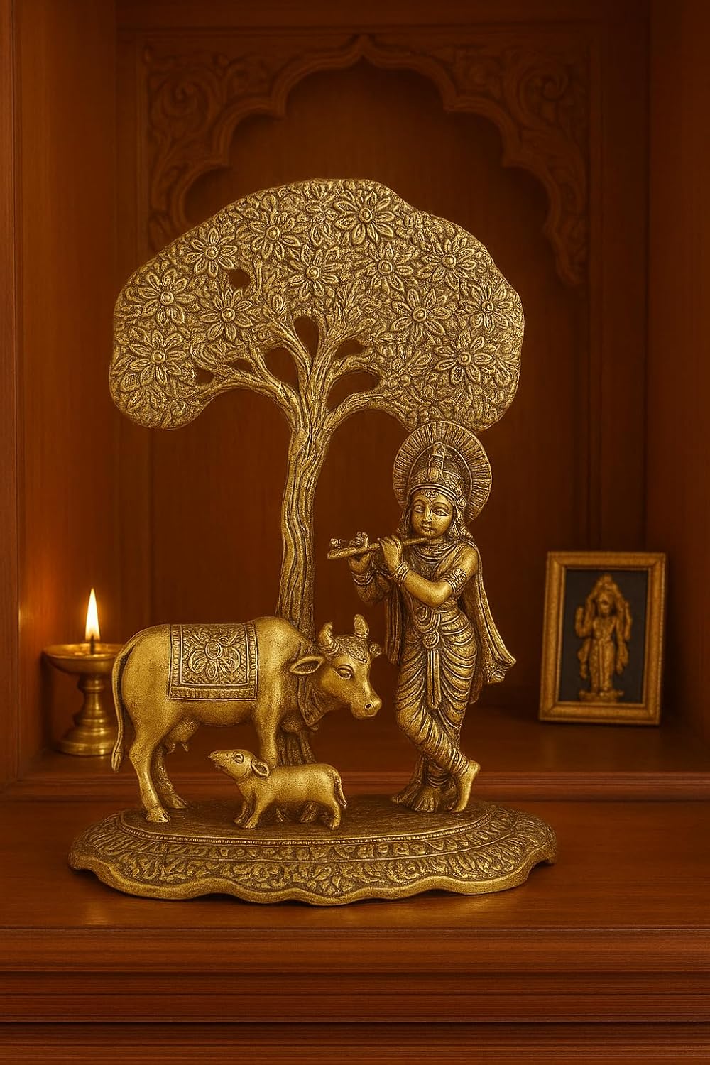 VIBHSA Home Decor & Gifts Metal Krishna with Cow Standing Under Tree Plying Flute (Gold, 12.5X8X16Cm), 1 Piece