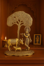 VIBHSA Home Decor & Gifts Metal Krishna with Cow Standing Under Tree Plying Flute (Gold, 12.5X8X16Cm), 1 Piece