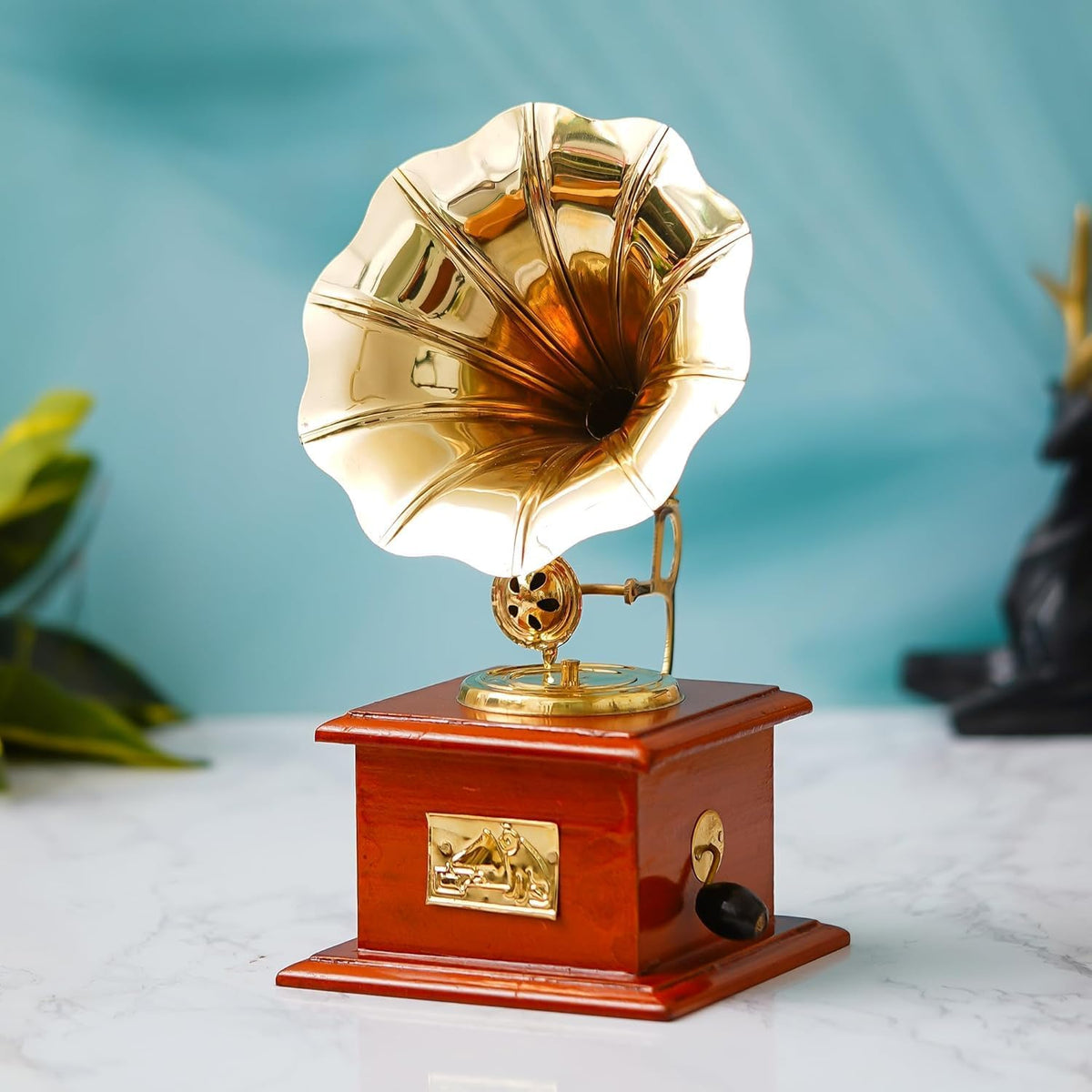 VIBHSA Brass Vintage Gramophone showpiece in Antique Gold Finish. Perfect Home & Living Room décor Item