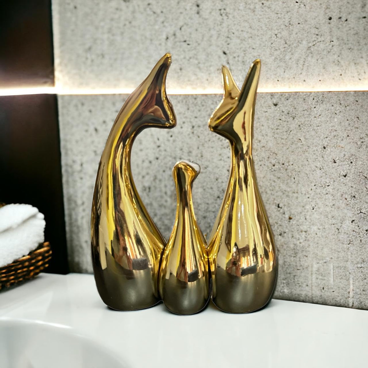 VIBHSA Home Decor Lucky Deer Statue Family Piano Finish Ceramic Figures - (Set of 3, Golden Set)