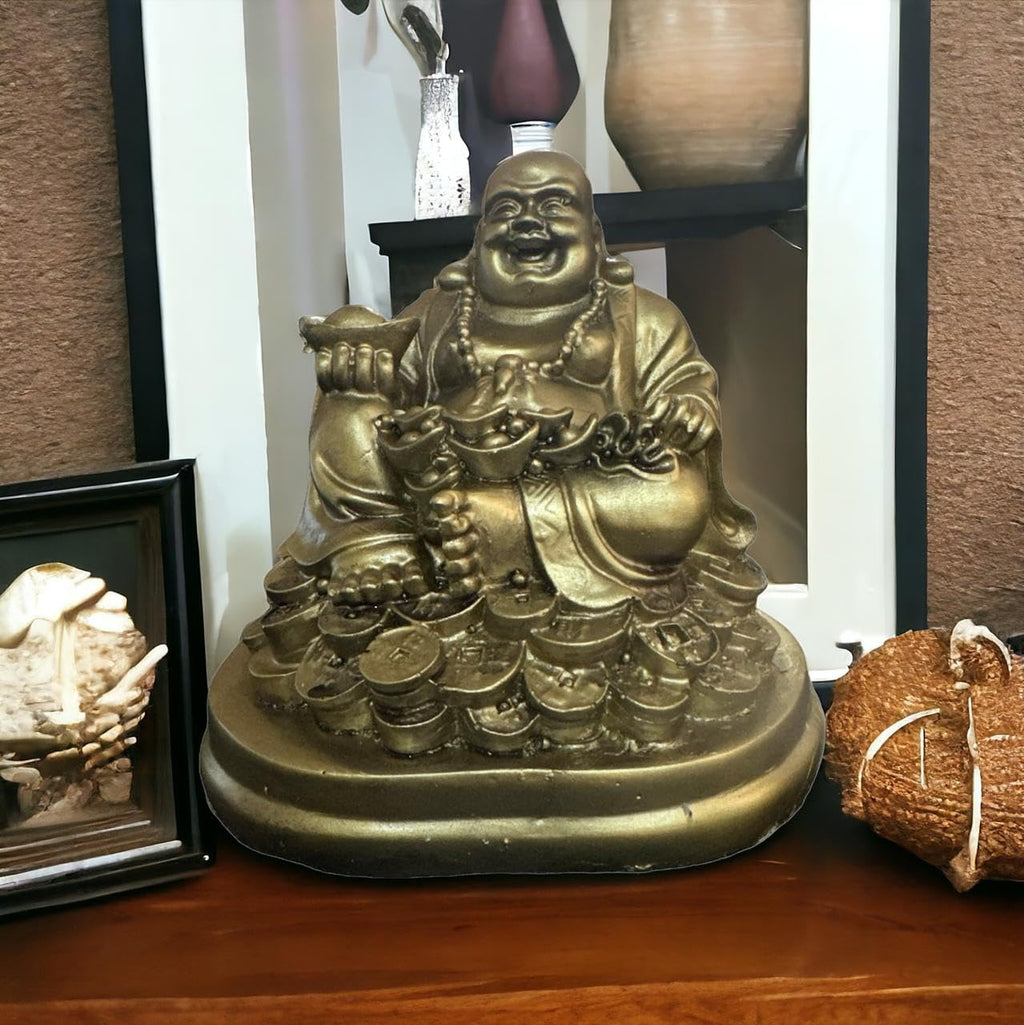 VIBHSA Resin Fengshui Figurine Laughing Buddha Sitting on Luck Money Coins Carrying Golden Ingot for Good Luck & Happiness – Made in India
