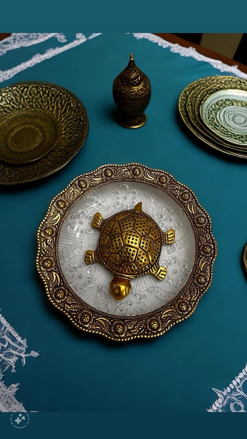 VIBHSA Metal Feng Shui Tortoise On Glass Plate Showpiece (Golden, Diameter: 5.5 Inch)