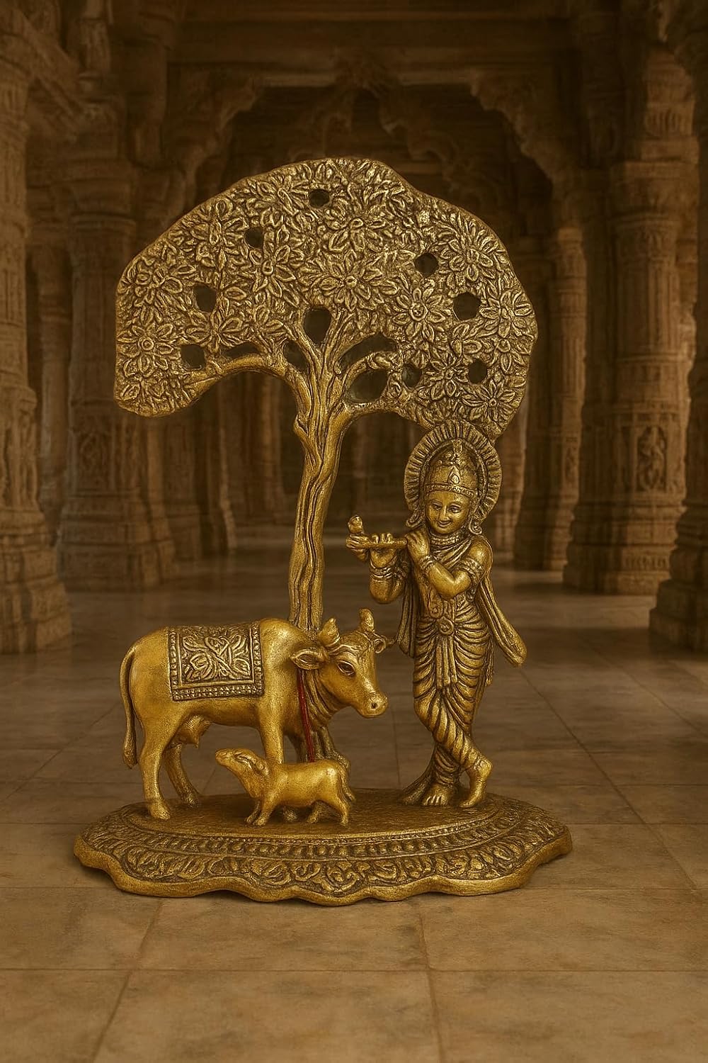 VIBHSA Home Decor & Gifts Metal Krishna with Cow Standing Under Tree Plying Flute (Gold, 12.5X8X16Cm), 1 Piece