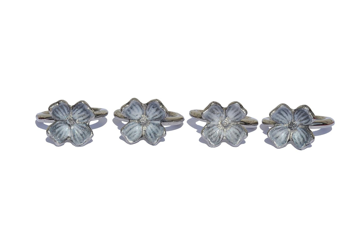 VIBHSA Handcrafted Decorative Flower Napkin Rings Set of 4. Flowers with Silver Antique Finish Decorations