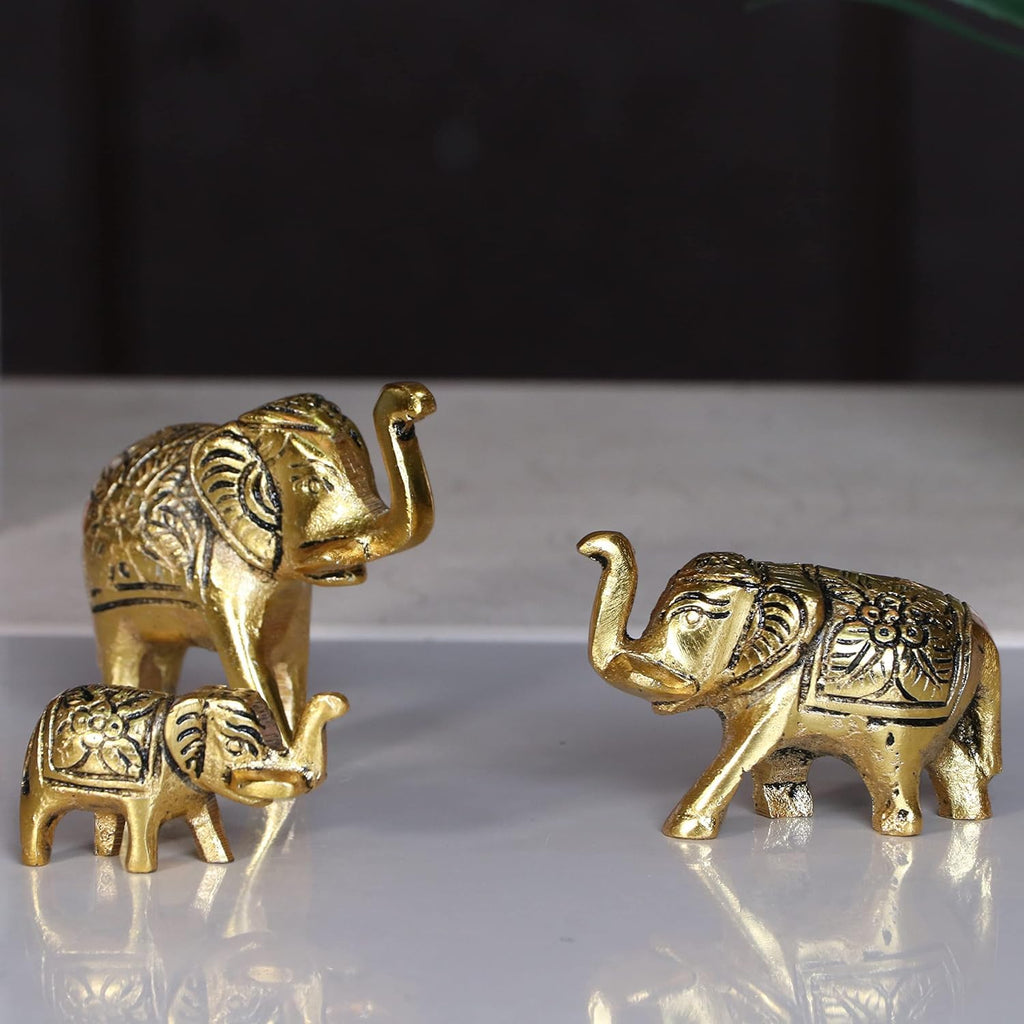 VIBHSA Set of 3 Metal Trunk Up Elephant Family Statue Showpiece Figurine -Fengshui Vastu Lucky - Decorative Items for Home Living Room Decor Living Room Office Desktop & Gifting