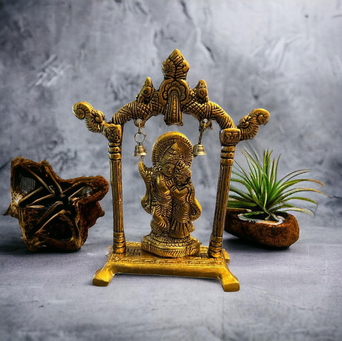 VIBHSA Metal Gold Plated Radha Krishna Idol Sculpture Statue Figurine Decorative Showpiece for Janmashtami Home Decoration Temple and Gift (Size 7 x 5 Inches) (1 Pieces)