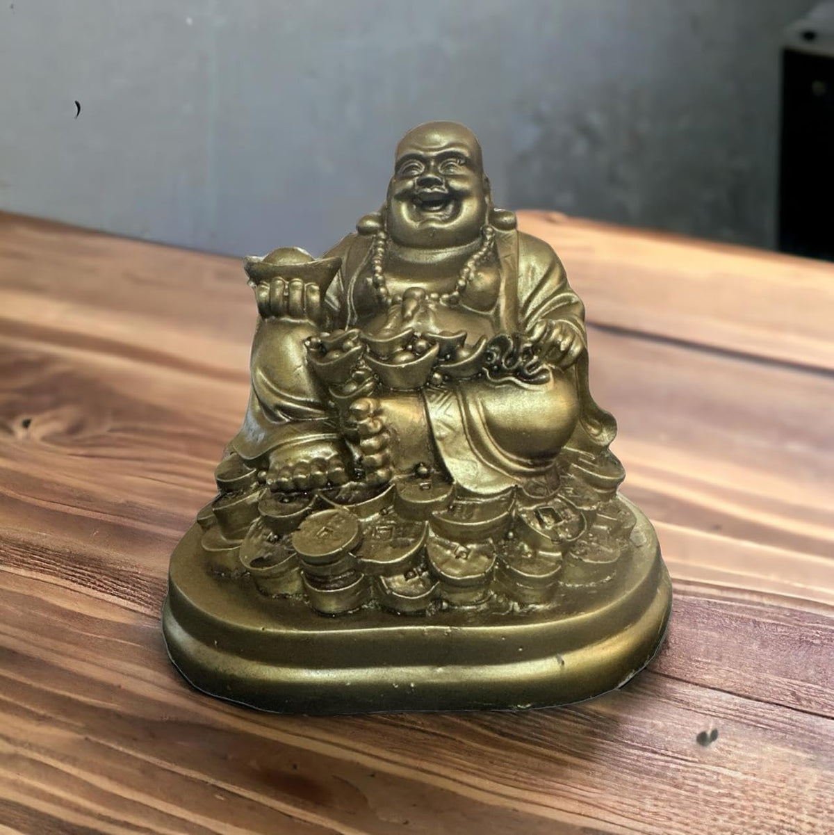 VIBHSA Resin Fengshui Figurine Laughing Buddha Sitting on Luck Money Coins Carrying Golden Ingot for Good Luck & Happiness – Made in India