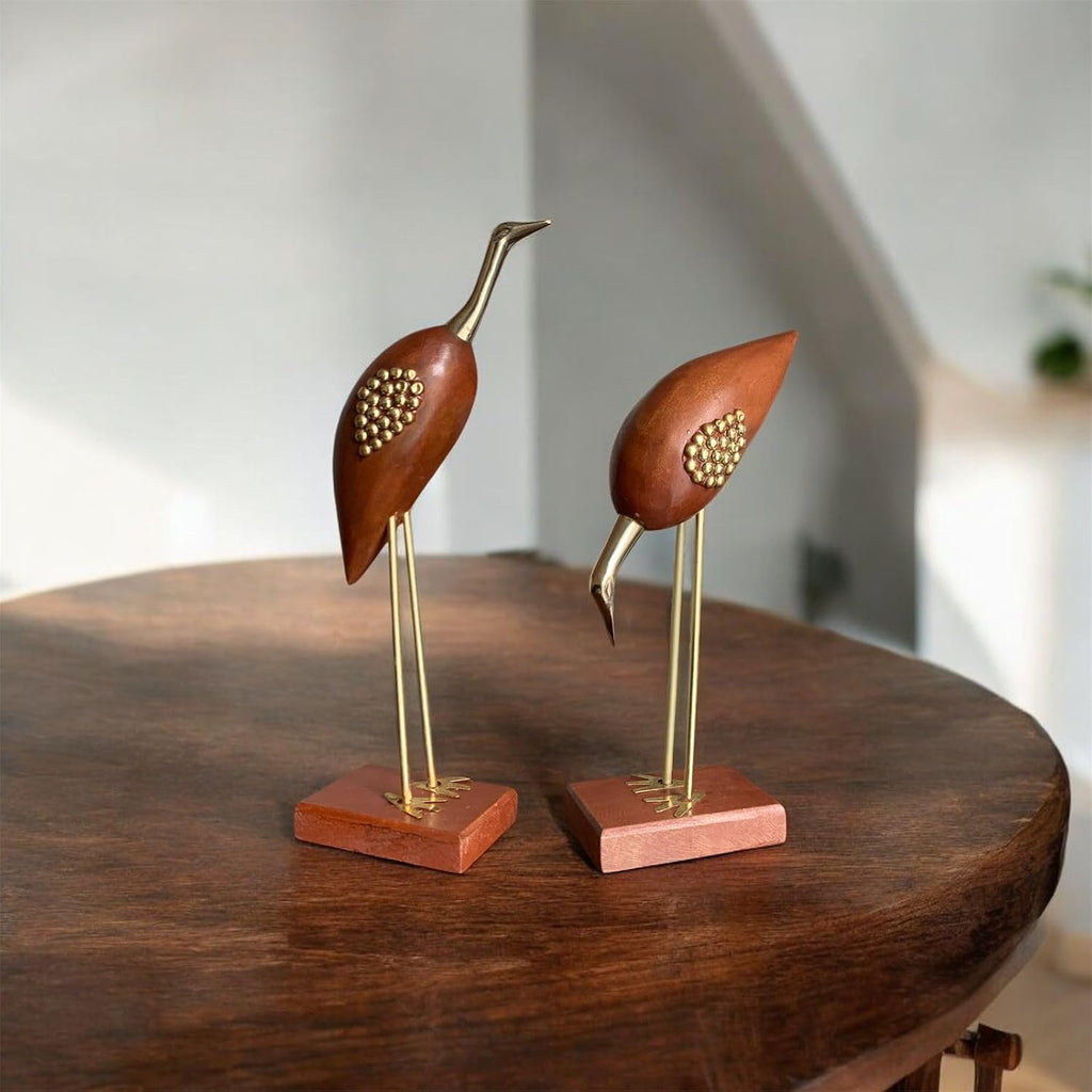 VIBHSA Wooden & Brass Saras Swan Crane Love Birds Showpiece